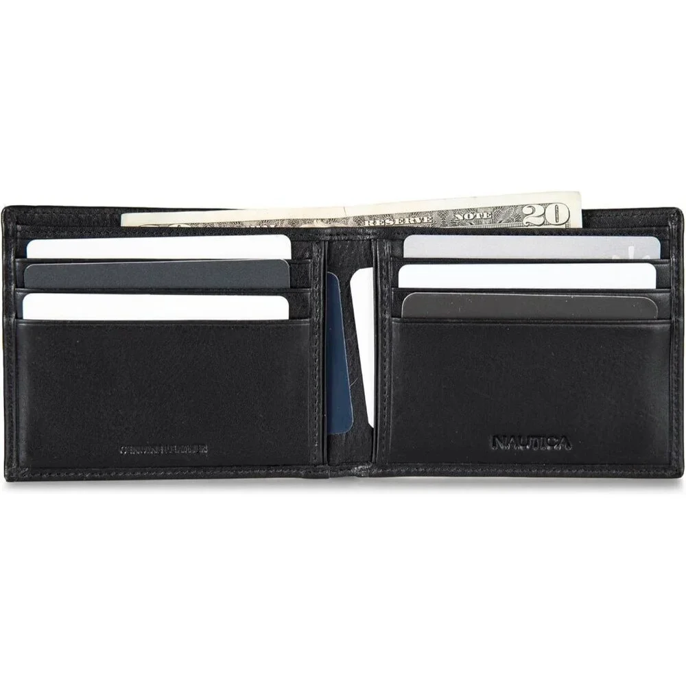 Men's Logo - Black Bifold Leather Wallet RFID Blocking ID Window Card Slots